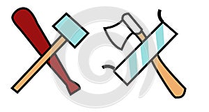 baton, hammer, saw and ax isolated on white background, menpower