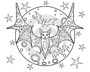 Bats on the background of the moon - coloring antistress - vector linear picture for coloring. Three bats - with anti-stress patte