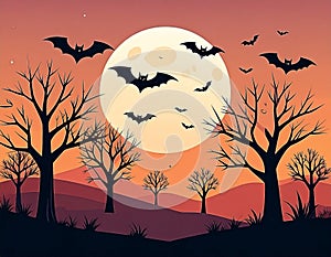 Bats fly over silhouetted trees against an orange full moon background
