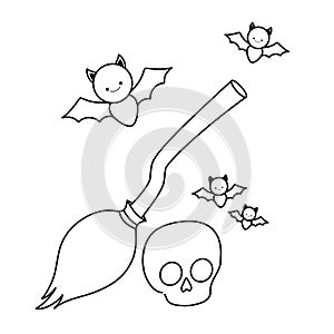 bats flying halloween with broom witch and skull