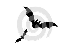 Bats icon set. Bat black silhouette with wings isolated white background. Symbol Halloween holiday, mystery cartoon dark