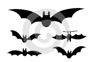 Bats icon set. Bat black silhouette with wings isolated white background. Symbol Halloween holiday, mystery cartoon dark