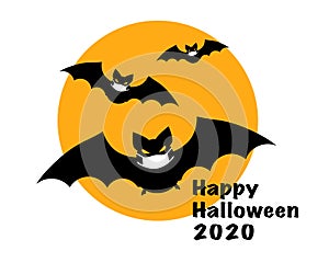 Bats in medical masks and text `Happy Halloween 2020`