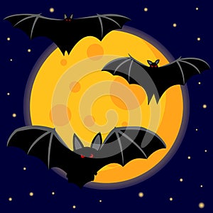 Bats with red eyes against the background of the moon and the night sky. Creepy illustration. Halloween. Vector