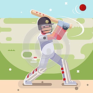 Batsman hits ball batting sport game cricket baseball bat field character flat design vector illustration