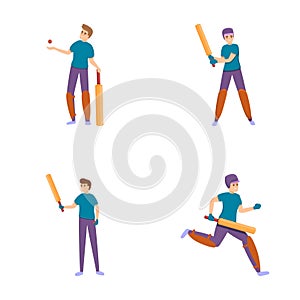 Batsman icons set cartoon vector. Cricket player with bat and bowler