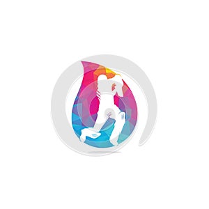 Batsman playing cricket drop shape concept logo .