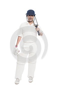 Batsman standing with holding a cricket bat and sm