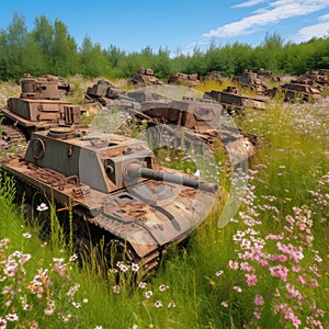 Battalion of exploded tanks. Old rusty abandoned crashed panzers standing in summer meadow under blue sky. War