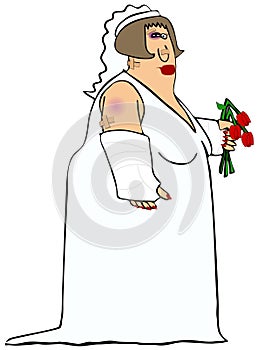 Battered bride holding a bouquet of wilted flowers