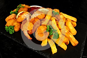 Battered King Prawns And Chips meal