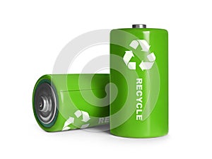 Batteries with recycle symbols on white background