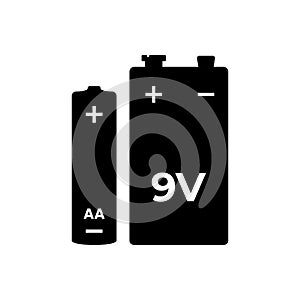 Battery AA and 9 Volts Silhouette. Black and White Icon Design Elements on Isolated White Background