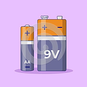 Battery AA and 9 Volts Vector Icon Illustration with Outline for Design Element, Clip Art, Web, Landing page, Sticker, Banner.