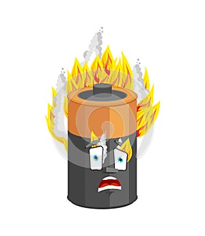 Battery burning isolated. accumulator Fire Cartoon Style. panicked Vector photo
