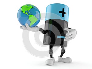 Battery character holding world globe