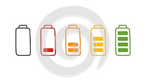 Battery charge in cartoon style, vector illustration. Hand drawn set icon, energy level low and full. Isolated color
