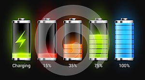 Battery charge design. Full charge energy for mobile phone. Accumulator indicator vector icon of power level photo