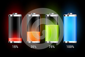 Battery charge design. Full charge energy for mobile phone. Accumulator indicator vector icon of power level photo