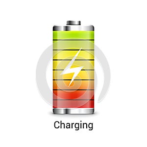 Battery charge full power energy level. Recharge battery indicator icon