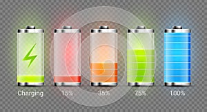 Battery charge full power energy level. Recharge battery indicator. Low power mibile fuel