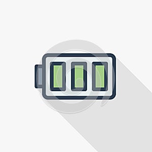 Battery charge full thin line flat color icon. Linear vector symbol. Colorful long shadow design.