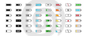 Battery charge icon set. Powered indicator black charge level gsm, charging empty batteries icons. Vector UI elements