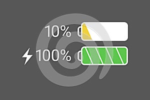 Battery charge indicator icons. energy sign. Power Battery illustration. low and full status.