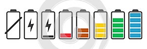 Battery charge indicator icons set. Charging level full power low to high up and electric plug. Gadget energy status vector illust