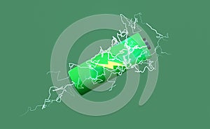 Battery charge indicator with thunder isolated on green background. charging battery technology concept, 3d illustration, 3d