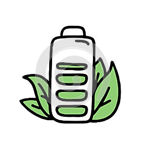 A battery with a charge and leaves. Co2 concept of climate change. Recycling. Vector isolated doodle