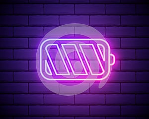 Battery charge neon icon. Charger glowing sign. Vector symbol of charging battery isolated on brick wall