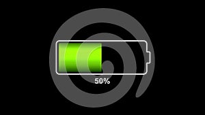 Battery charging 3D illustration with green battery loading status bar on a black background. Percent of charging counter. 4K