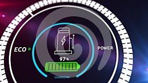 Battery charging digital display animation showing the process of electric car battery charging