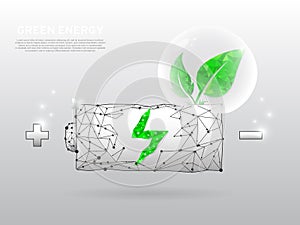 Battery Charging Icon with a green leaf that grows of it on white background. Low poly wireframe, polygonal vector