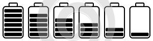 Battery charging icon set. Battery charge indicator icons in black, vector graphics EPS 10