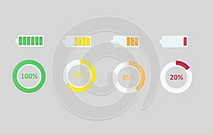 Battery Charging icons. Wheel percent icon. Isolated. 3d illustration.