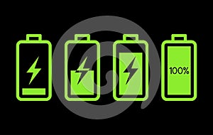 Battery charging status different level, Electric charge icon set, Power energy indicator concept
