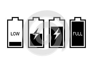 Battery charging status different level, Electric charge icon set, Power energy indicator concept
