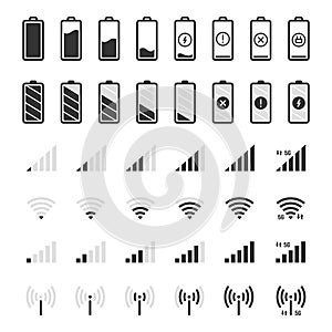 Battery and connection icons. Smartphone charge level, wifi and gsm signal strength, battery energy full and empty