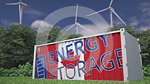 Battery container with flag of Canada and ENERGY STORAGE text at wind turbines. Ecological electric power concept. 3d