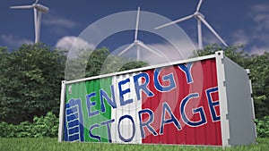 Battery container with flag of Italy and ENERGY STORAGE text at wind turbines. Ecological electric power concept. 3d