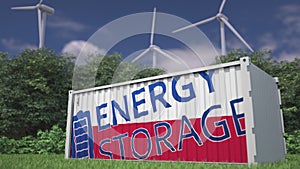 Battery container with flag of Poland and ENERGY STORAGE text at wind turbines. Ecological electric power concept. 3d