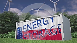 Battery container with flag of Poland and ENERGY STORAGE text at wind turbines. Ecological electric power concept. 3d