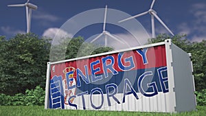 Battery container with flag of Serbia and ENERGY STORAGE text at wind turbines. Ecological electric power concept. 3d