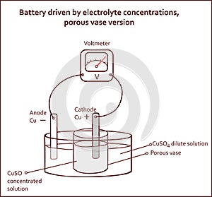 Battery driven by electrolyte concentrations porous vase version