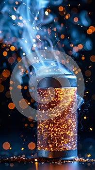 battery emitting sparks and smoke, visually representing an overcharged or malfunctioning power source, capturing the photo