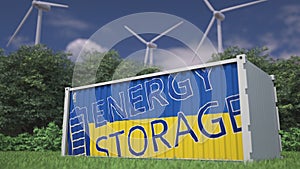 Battery with flag of Ukraine and ENERGY STORAGE text at wind generators. Renewable power concept. 3d rendering