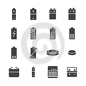 Battery flat glyph icons. Batteries varieties illustrations - aa, alkaline, lithium, car accumulator, charger, full photo