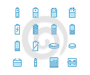Battery flat line vector icons. Batteries varieties illustrations - aa, alkaline, lithium, car accumulator, charger